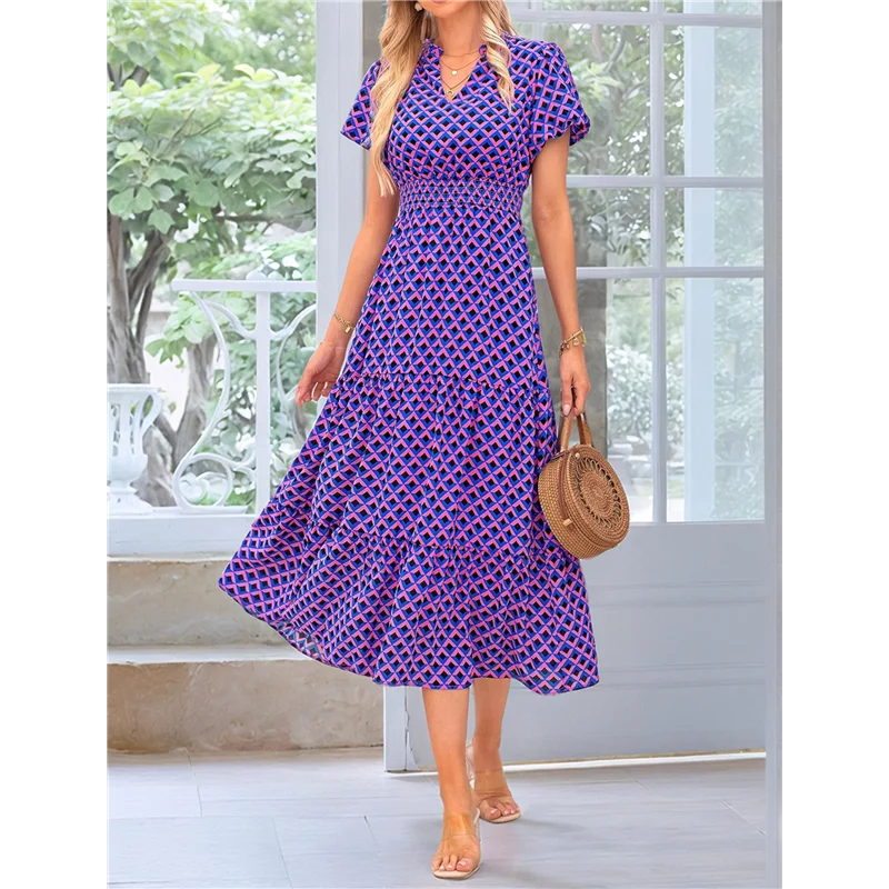 【SEE】Letnie sukienki maxi dla kobiet 2025 Casual V Neck Puff Short Sleeve Smocked Flowy Beach Boho Long Floral Dress