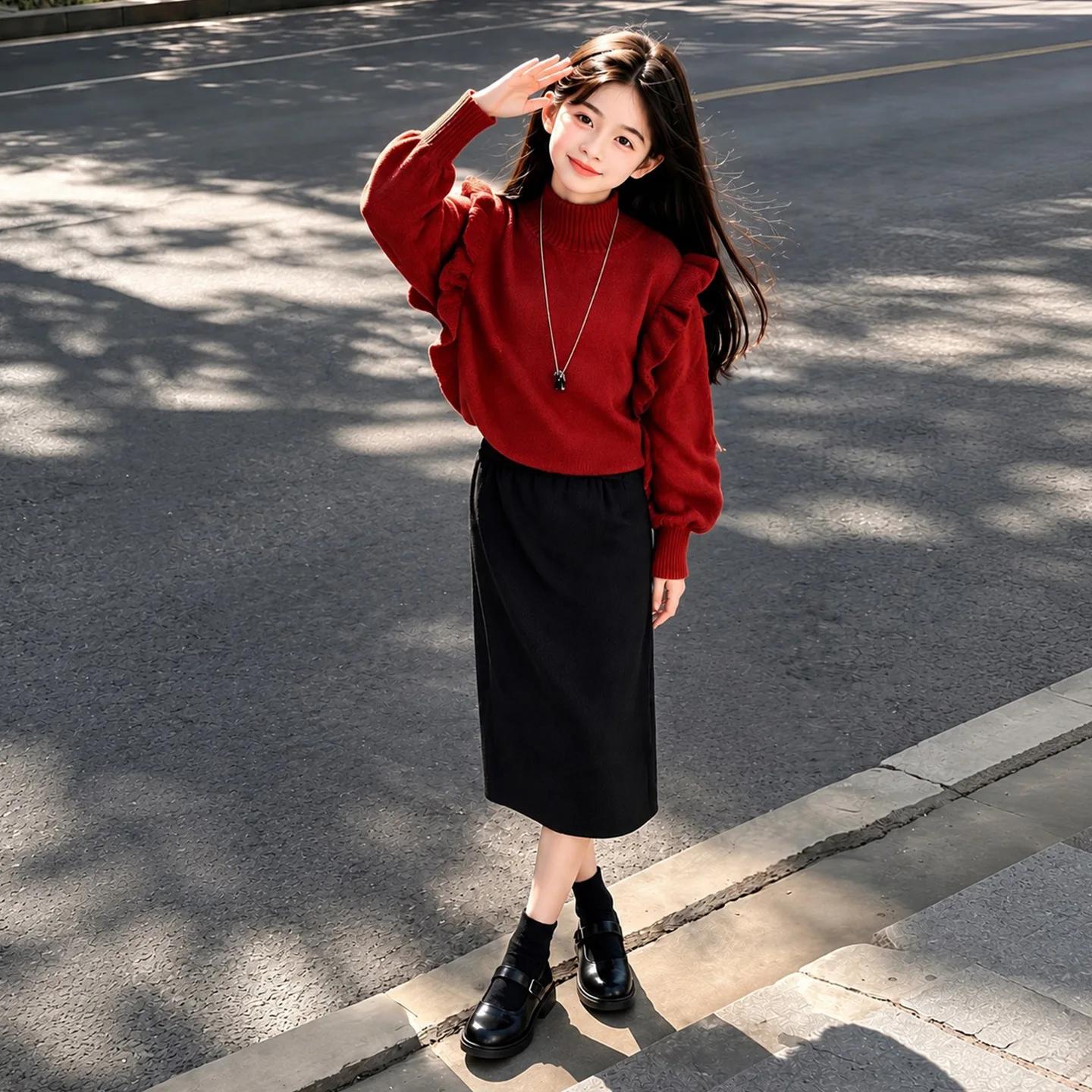 Autumn Winter Girls Red Flounce Turtleneck Sweater Lace Knitted Dress for Teenager Kids 4-12 Years Top New 2026