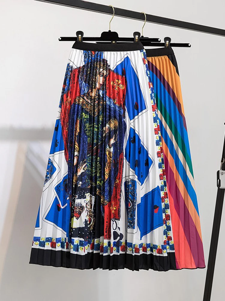 2026 Summer Fashion Print Pleated Summer Skirts Womens Cartoon High Waist Midi Long Skirt for Ladies Party Rok Jupe Femme