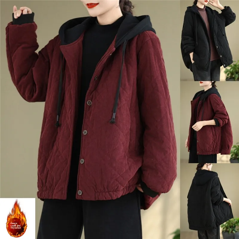 

Retro Contrast Color Corduroy Hooded Cotton Jaet Loose Thiened Warm Cotton Coat ort Outerwear for Women Korean Sle