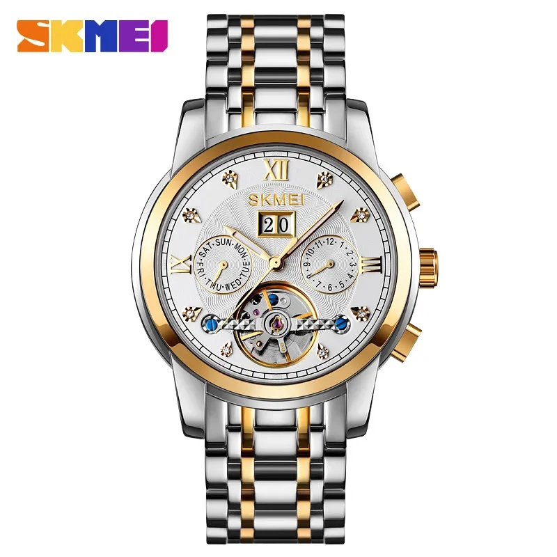 SKMEI Night Glow Fully Automatic Mechanical Watch Fashion Casual Men\'s Stainless Steel Round Single Fold Buckle Hollow Design