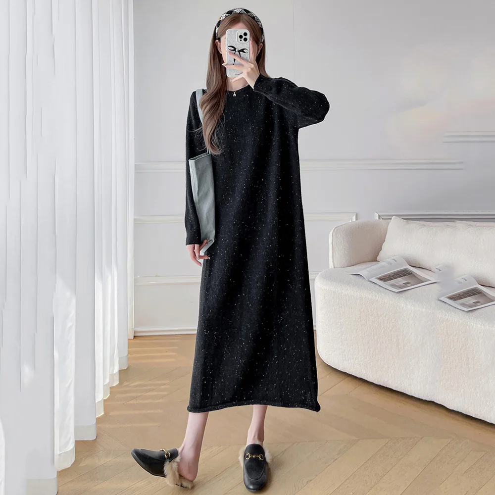 New Women Autumn Winter Long Sweater Dress Fashion O-Neck Straight Loose Waist Sweater Simplicity Casual Basic Knitted Dress