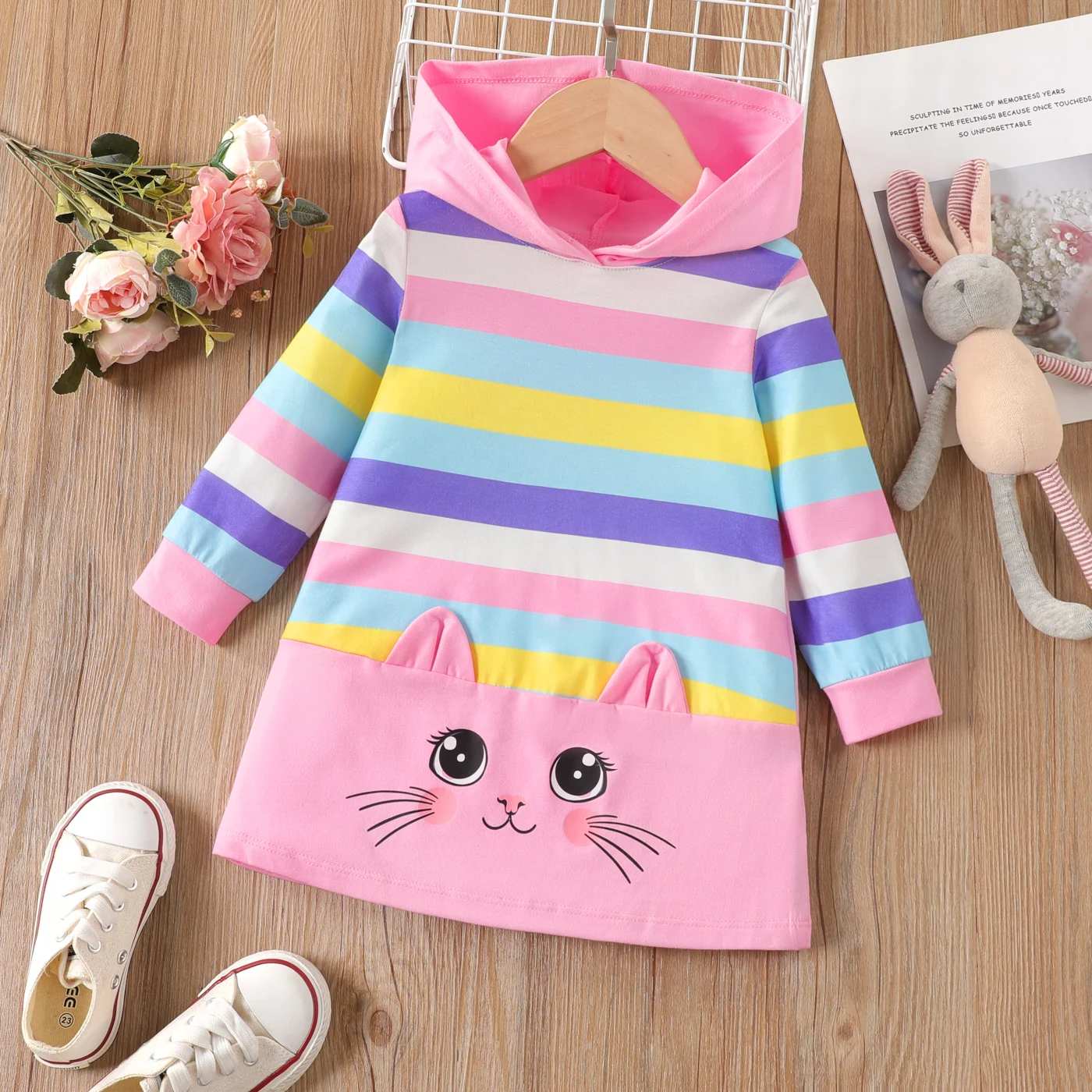 PatPat Toddler Girl Sweet Cat Animal Design Hooded Stripe Long Sleeve  Dress Perfect for Outings and Daily Wear Basic Style