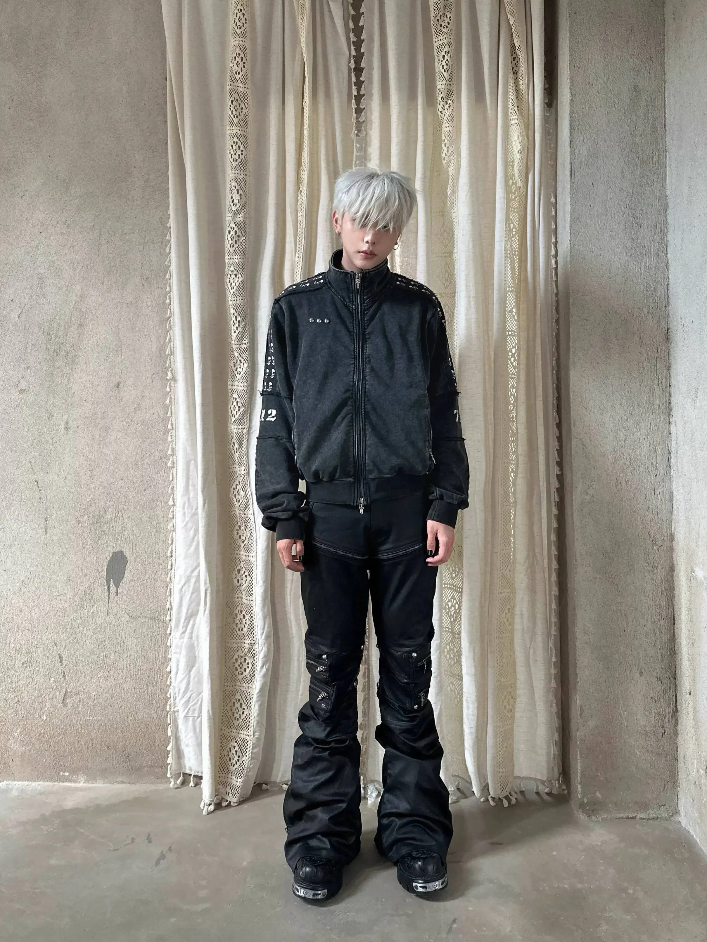 Men's Punk Heavy Washed Vintage Printed Patchwork Subculture Silhouette Sweatshirt