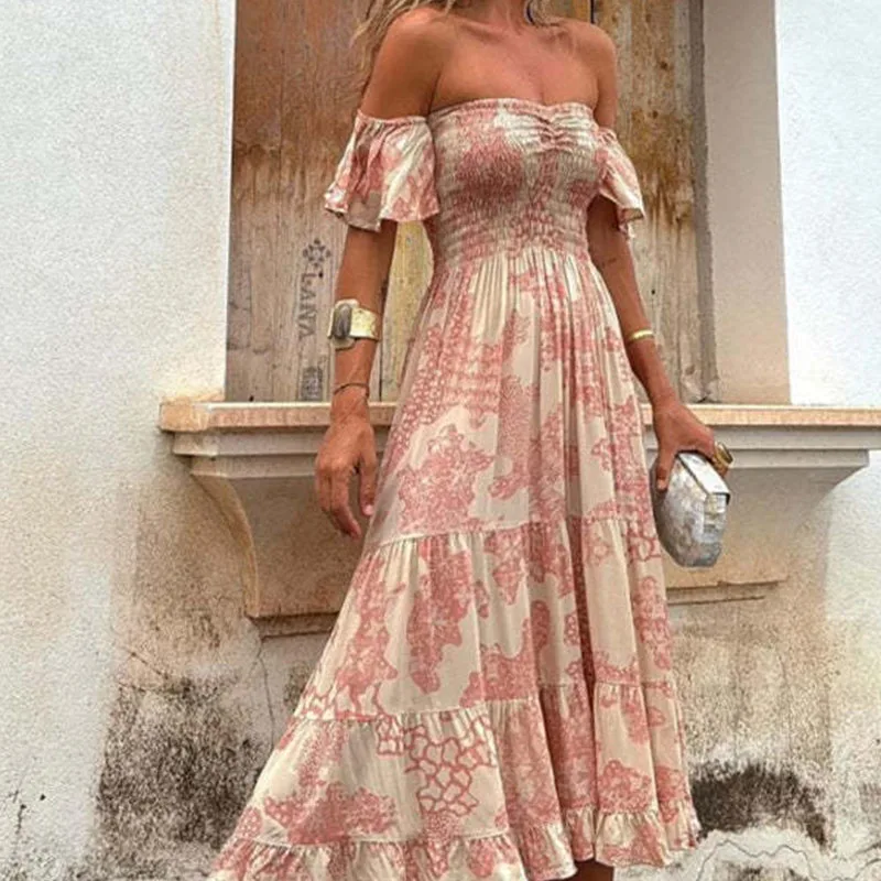 

Women Fashion Hight Waist Slim Bohemian Dress Sexy Strapless Short Sleeve Long Dress Elegant Pattern Print Pleated Party Dresses