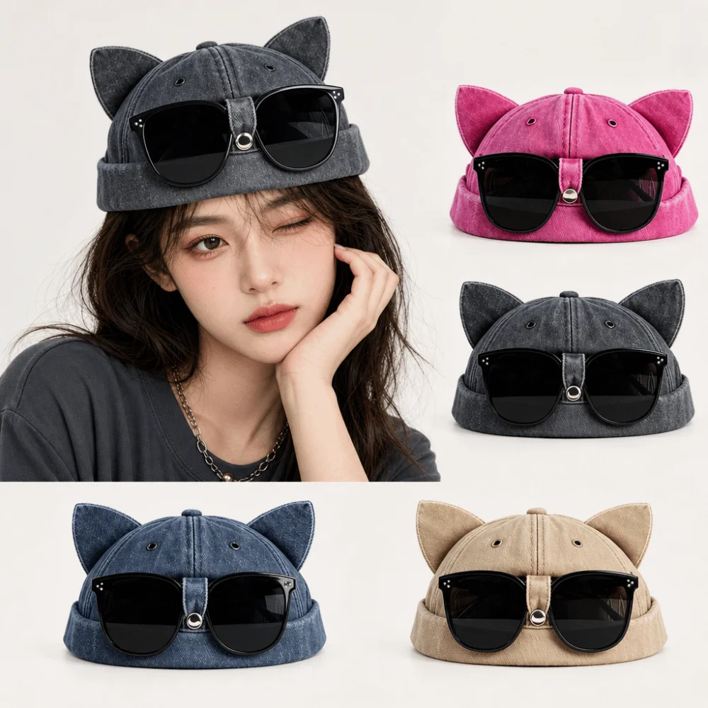 Fashion Cat Ears Brimless Hat with Sunglasses Cute Sweet Woman's Landlord Hat Unisex Adjustable Dome Melon Cap Camping