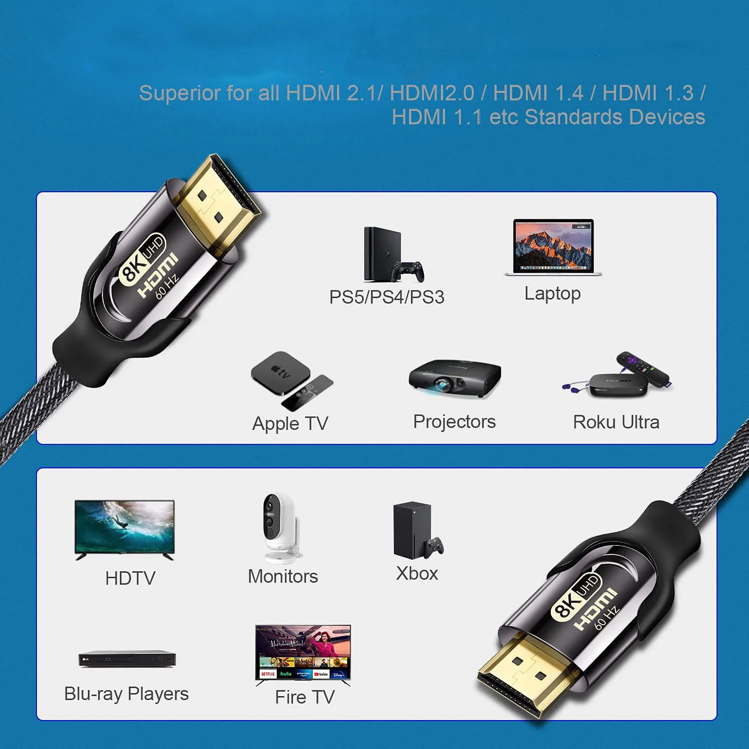 8K HDMI to HDMI 2.1 Cable Certified 8K@60Hz 48Gbps Ultra High-Speed HDR Braided Cord for PC LAPTOP Monitors Projectors TVs.