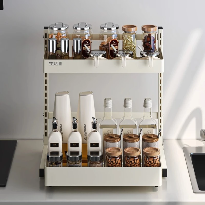 

Pull-Out Spice Organizer Multi-Layer Kitchen Shelf for Oil & Condiments Space-Saving Cabinet Storage Rack with Chopsticks Tub