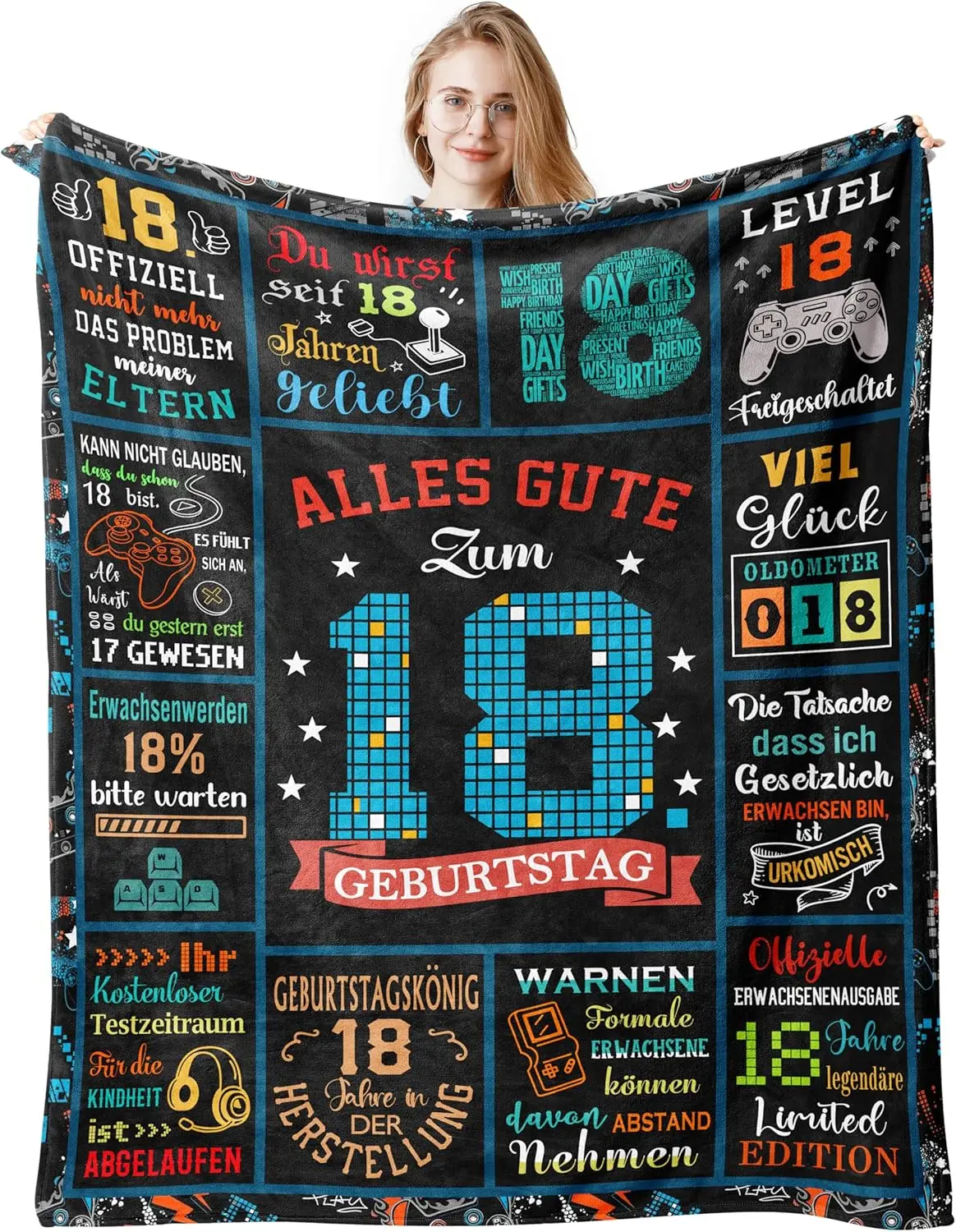 18e verjaardagsdeken van flanel, zacht, 150x130 cm, verjaardagscadeau voor tiener, bedsprei, spelersdeken, cadeau voor 18-jarigen, fleecedeken, verjaardagscadeau, kamertextiel