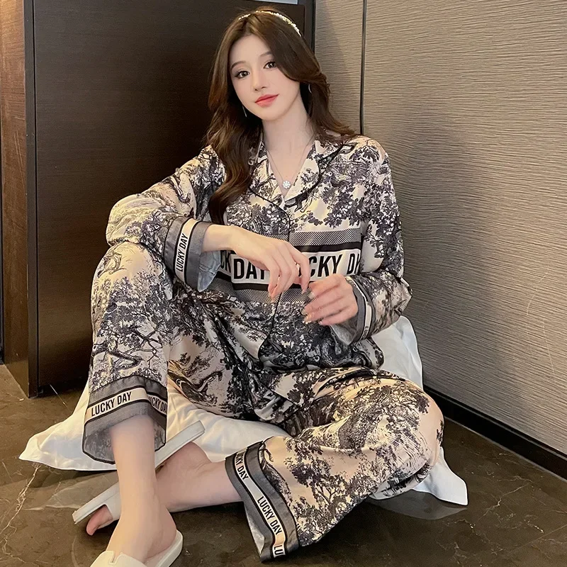 Spring Autumn New satin silk pajamas for women fashion long sleeve long pants high grade elegant comfortable lapel loungewear