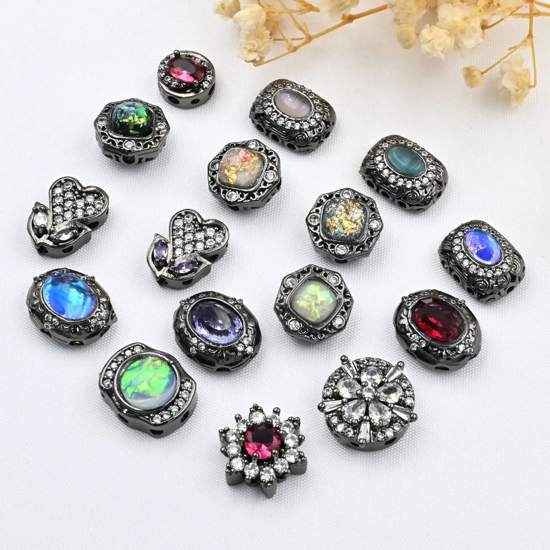 3 Pieces Copper Plated Gun Black Inlaid with Colored Zircon Beads DIY Pearl Necklace Bracelet Accessories Jewelry Materials