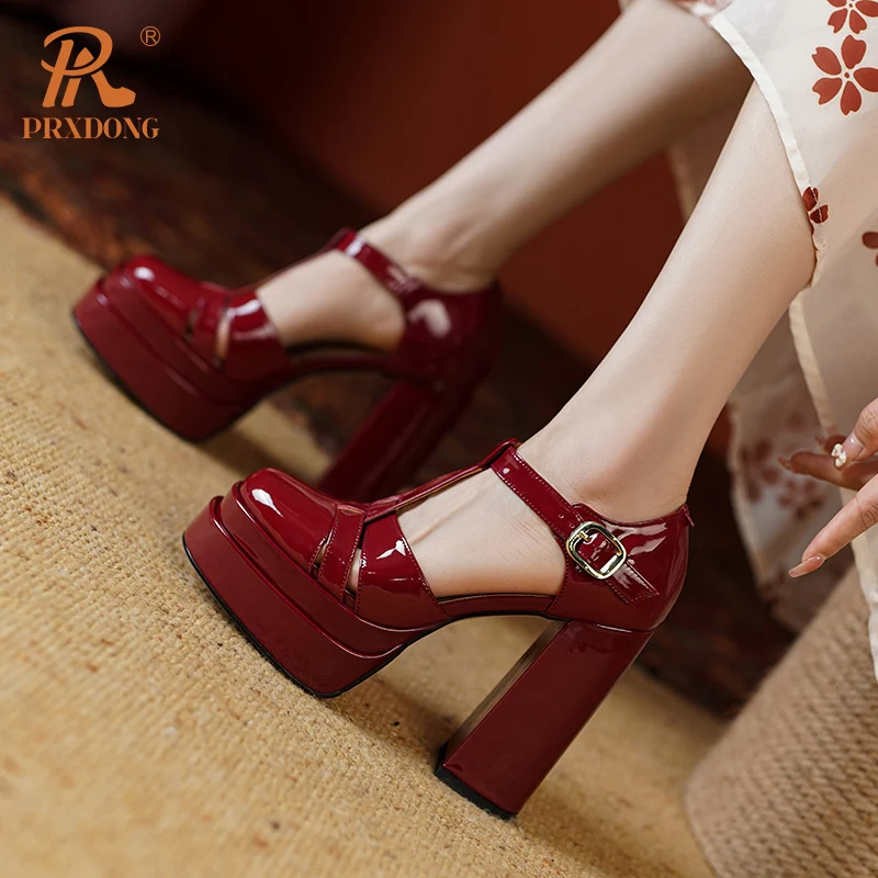 PRXDONG New Brand Genuine Cow Leather Summer Fashion High Heels Platform Shoes Woman Pumps Black Wine Red T-strap Dress Party 39