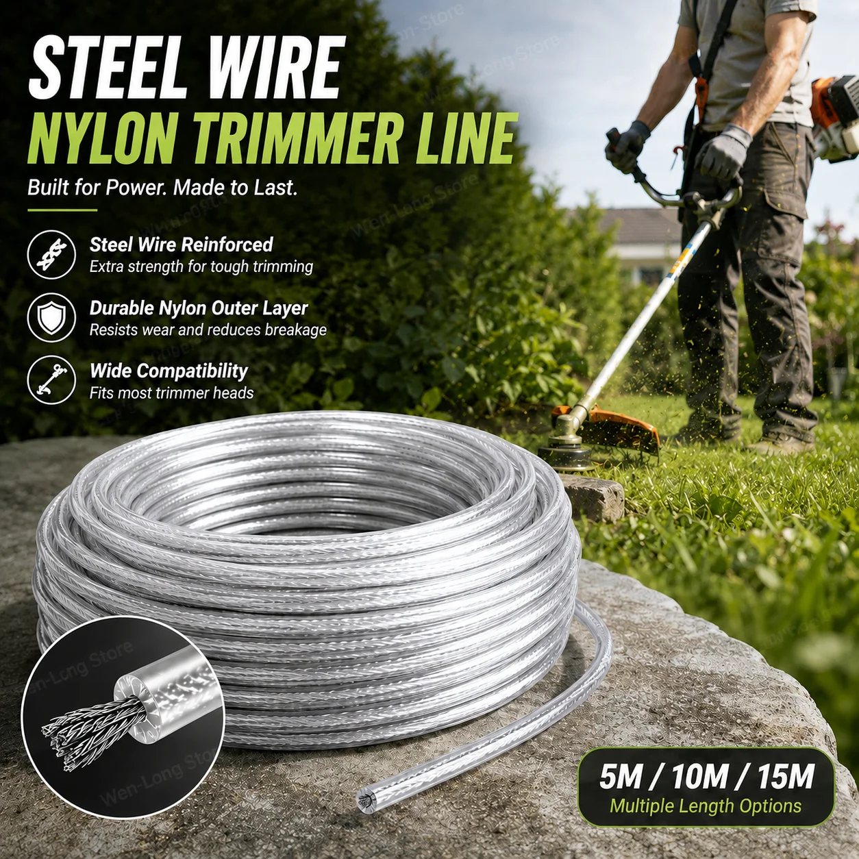 5M/10M/15M Steel Wire Nylon Trimmer Line, Brushcutter Rope, Round Lawn Mower Cord for Garden Grass Cutting, Replacement Roll