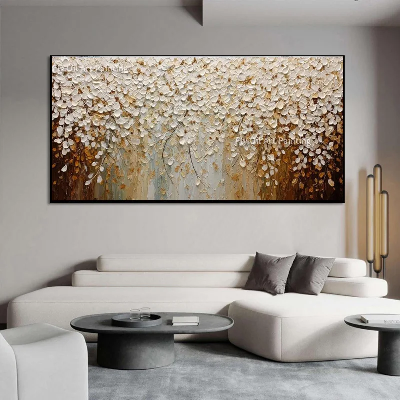 البني والأبيض الزهور الصغيرة جدار الفن سكين سميكة النفط Pianting اليدوية تصميم عصري بسيط أصفر بيج الأزهار ديكور فني
