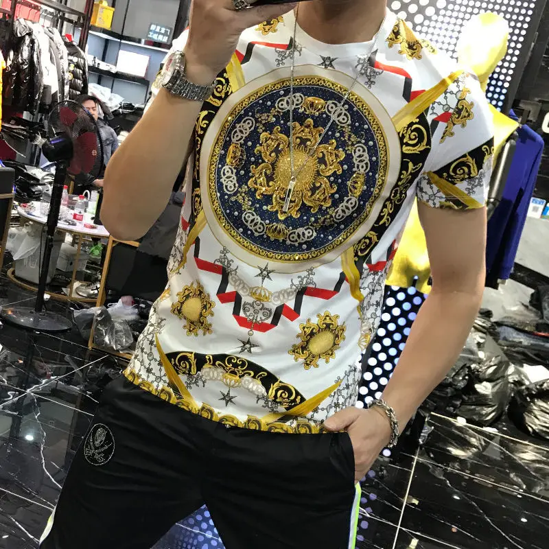 Men's summer new ice silk hot drill slim short sleeve T-shirt tide brand fashion handsome half sleeve jacket