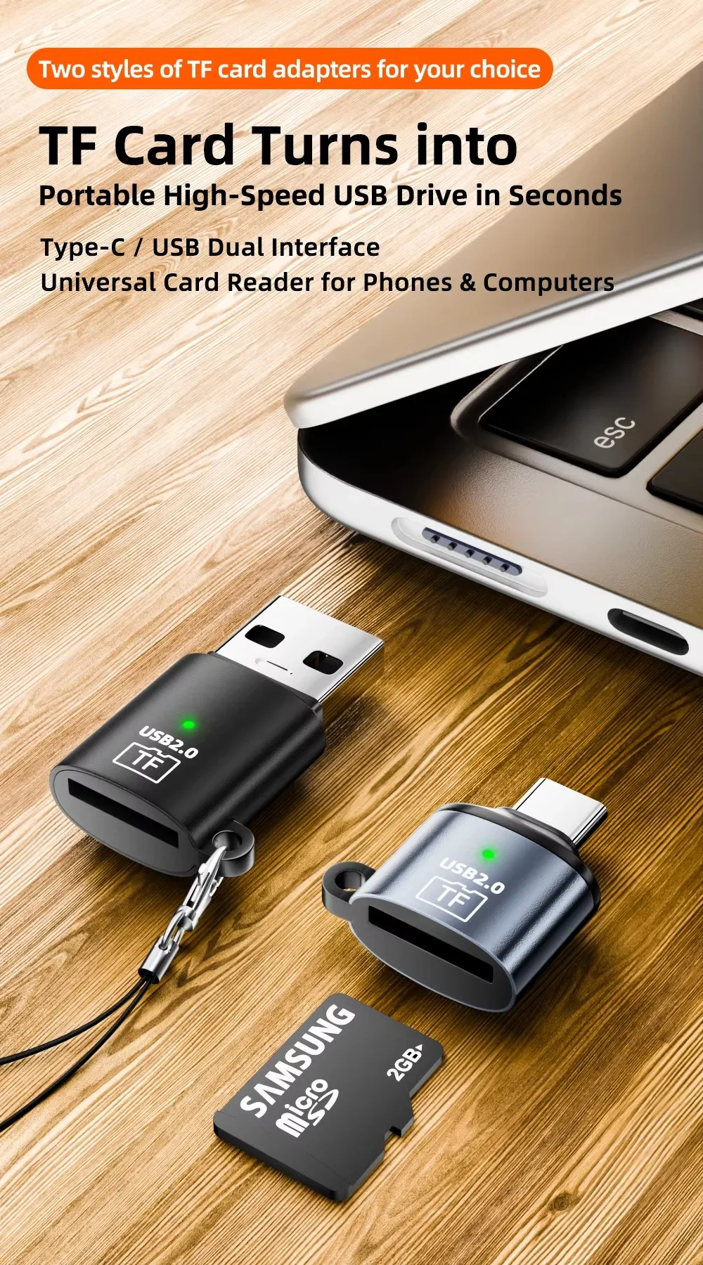 OTG High Speed Card Reader, Type-C/USB 2-in-1 TF Adapter, Mini for Phone/Tablet/PC