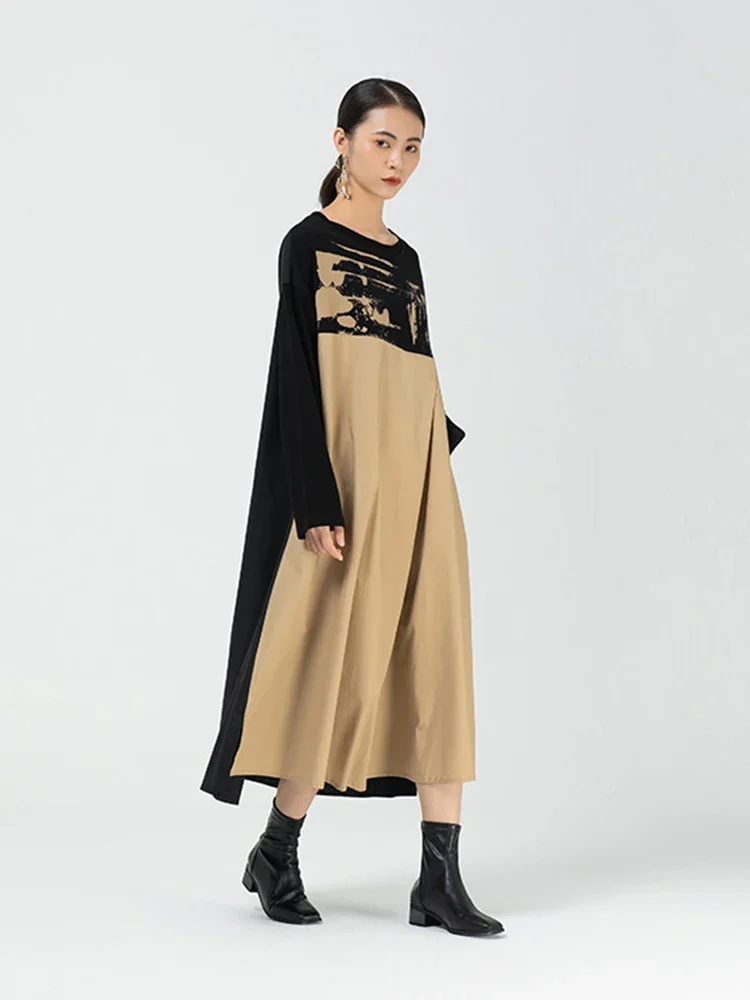 XITAO Vintage Graffiti Print Dress Women Fashion Long Sleeve Loose Stitching Irregular Dresses Women Spring XJ5095