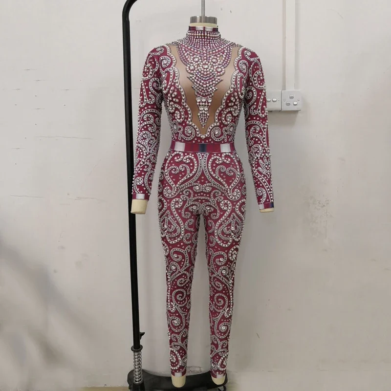 Kombinezon z długim rękawem, elastyczny, z dżetami w 4 kolorach, perłami, damski kostium do jazzu, gogo, taniec, strój do klubu nocnego, rave, DT1010