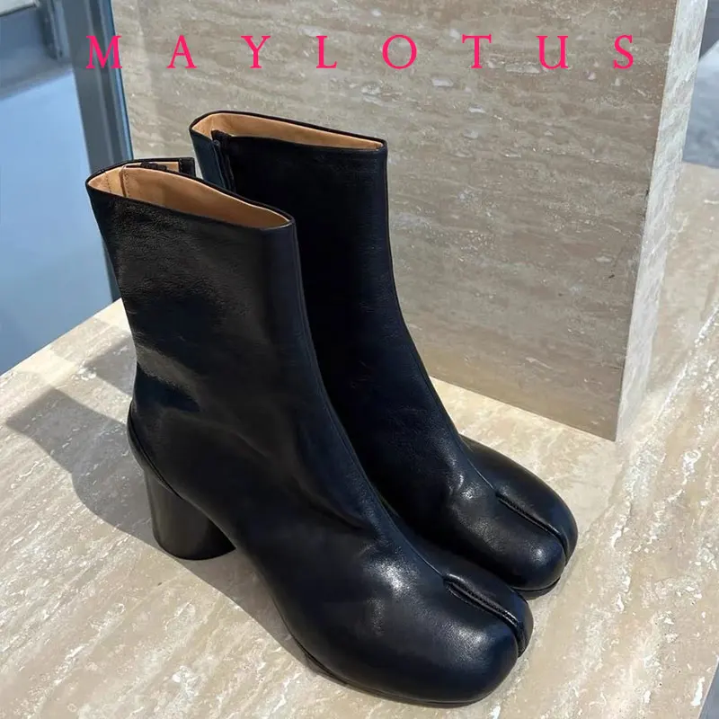 

2025 Autumn Winter Soft Leather 9cm Heel Split toe Tabi Women Ankle Boots Fashion Thic Chunky Shoes Ins Style Booties