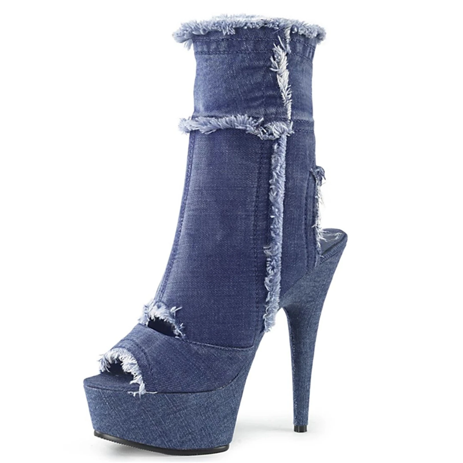 ​15CM Platform Peep Toe Boots Blue, Distressed Denim Ankle Boots with Raw Edge, Chunky Heel Western Shoes​