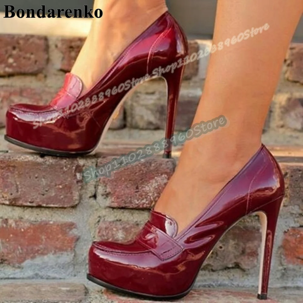 

Sexy Red Glossy Leather Platform Casual Pumps Stilettos High Heel Shoes For Women Slip On Round Toe Stylish Zapatos Para Mujer