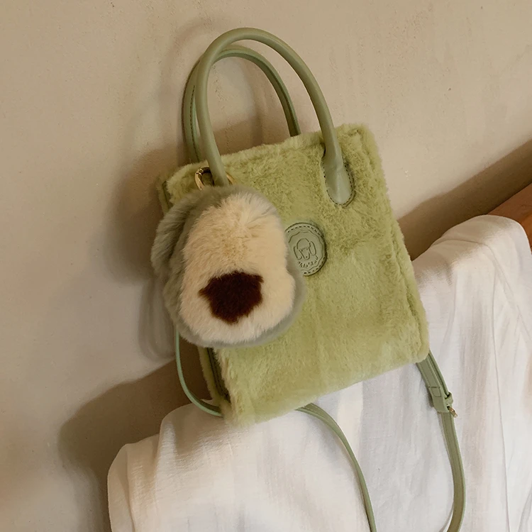 Avocado Green Woollen Bags for Women Mini Plush Purse Soft Crossbody Bags with Fur Luxury Designer Handbag Tote Messenger Bag