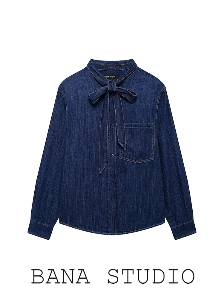 

BANA Large Size Collar Long Sve Denim irt with Bow Tie Fem Straight Cut Commute Sle Regular Thin