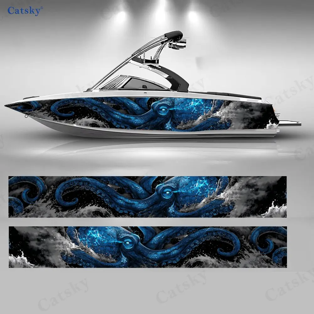 Industrial Style Blue Octopus Boat Stickers, PVC Waterproof Vinyl Wrap Decals for Fishing Boats, Durable and Stylish Design