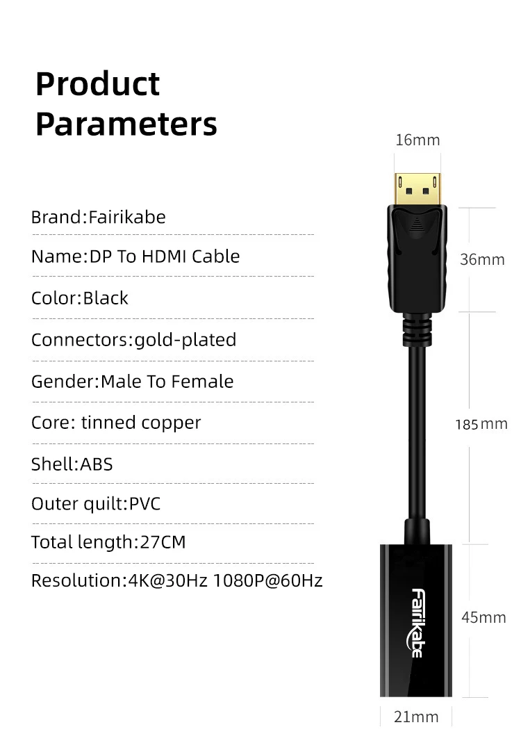 Fairikabe Displayport To HDMI Cable For Monitor 4K@60Hz 1080P@60Hz DP To HDMI Adapter For Laptop HDTV Projector Computer