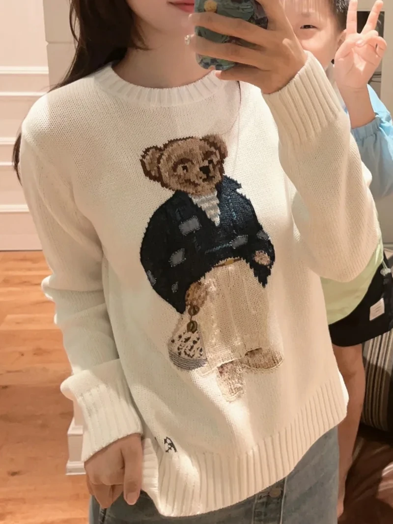 Little Bear Sweater Autumn/Winter New Comfortable Casual Little Bear Embroidered White Cotton Long Sleeve Knitted Sweater