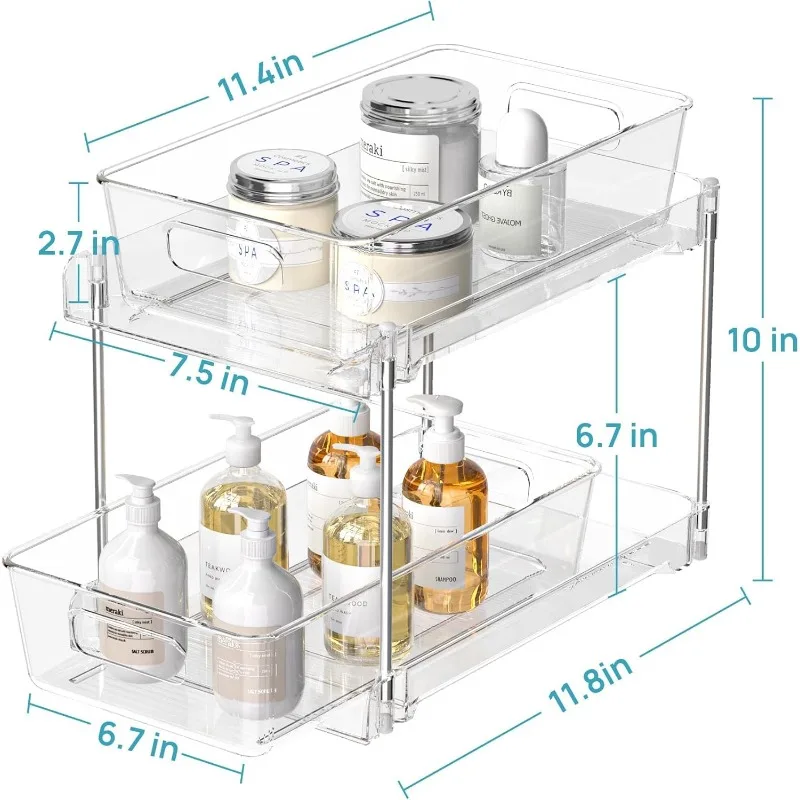 4 Pack Bathroom Organizer, 2 Tier Clear Under Sink Organizers Vanity Countertop Storage Container