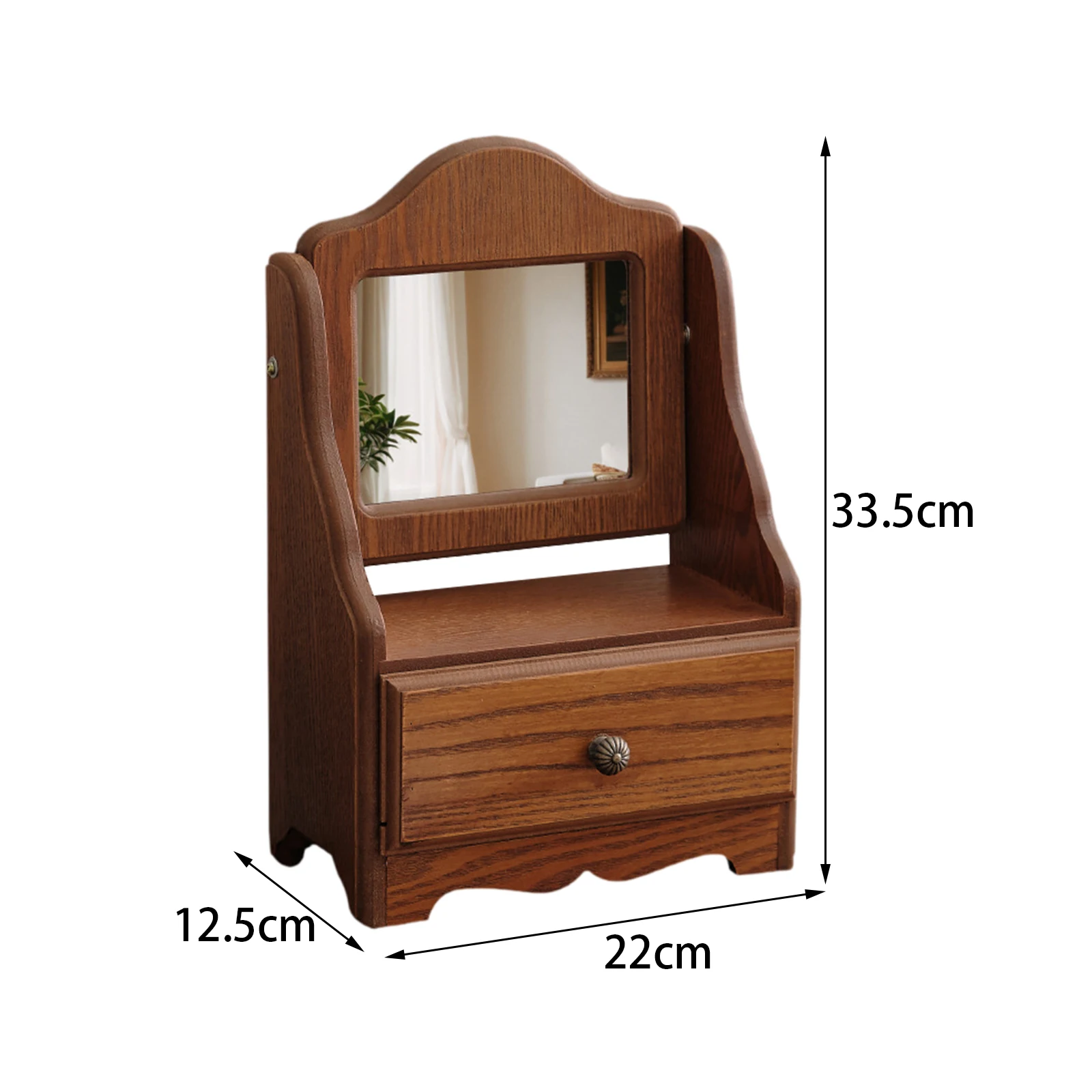 Wood Desk Makeup Mirror Dressing Mirror with Drawer Wooden Table Top Vanity Mirror Tabletop Mirror for Bathroom Bedroom Girl