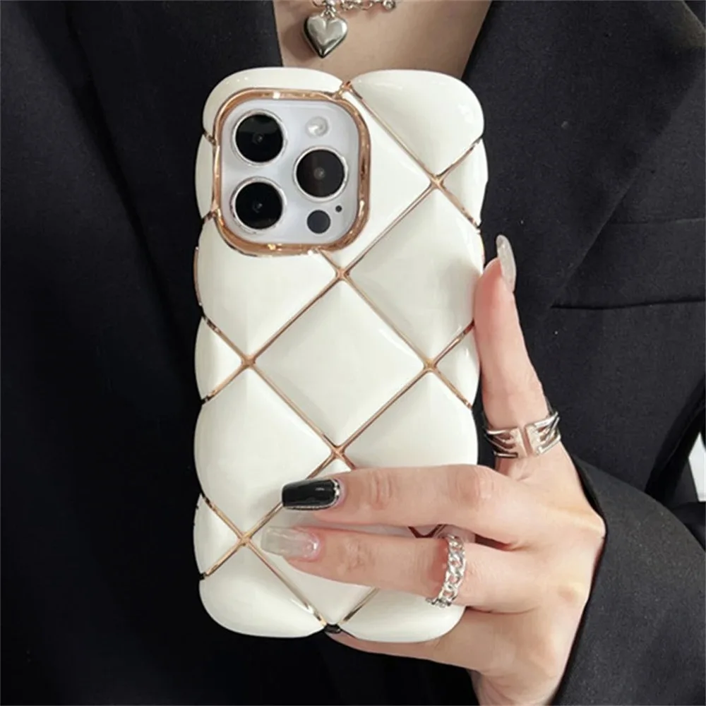 Cute 3D Diamond Lattice Pattern Plating Soft Silicone Phone Case for IPhone 14 11 12 13 15 16 Pro Max Cushion Shockproof Cover