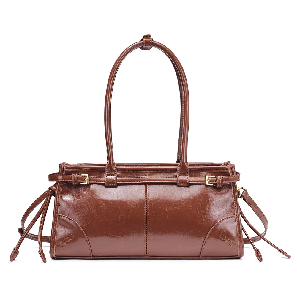 

Large capacity new Boston baguette bag, retro motorcycle, stylish layer, oil wax leather women's bag, crossbody shoulder bag