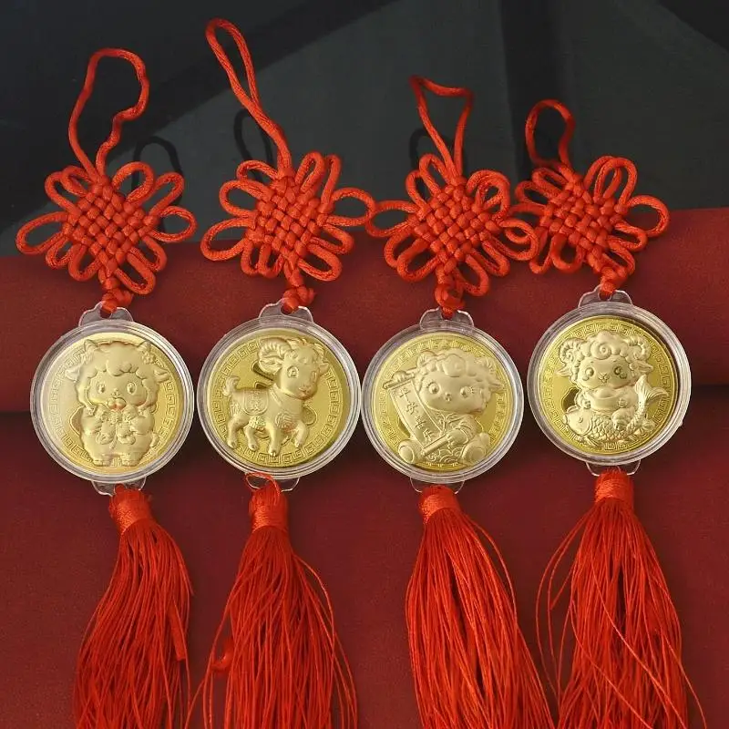 2027 Year Of The Sheep Car Pendant Imitation Gold Foil Charm With Tassel Knot Chinese New Year Decor For Cars Bags Shop Window