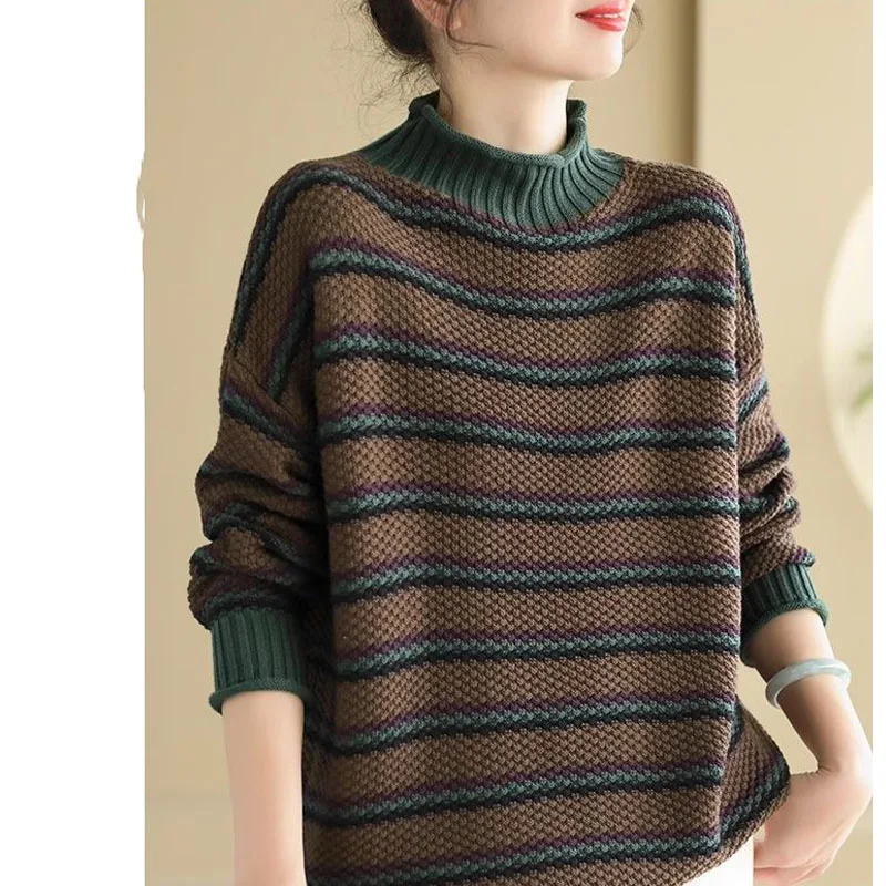 New Autumn and Winter Fashion Lazy Style Retro Stripe Half High Neck Loose and Versatile Western Style Slim Women\'s Sweater