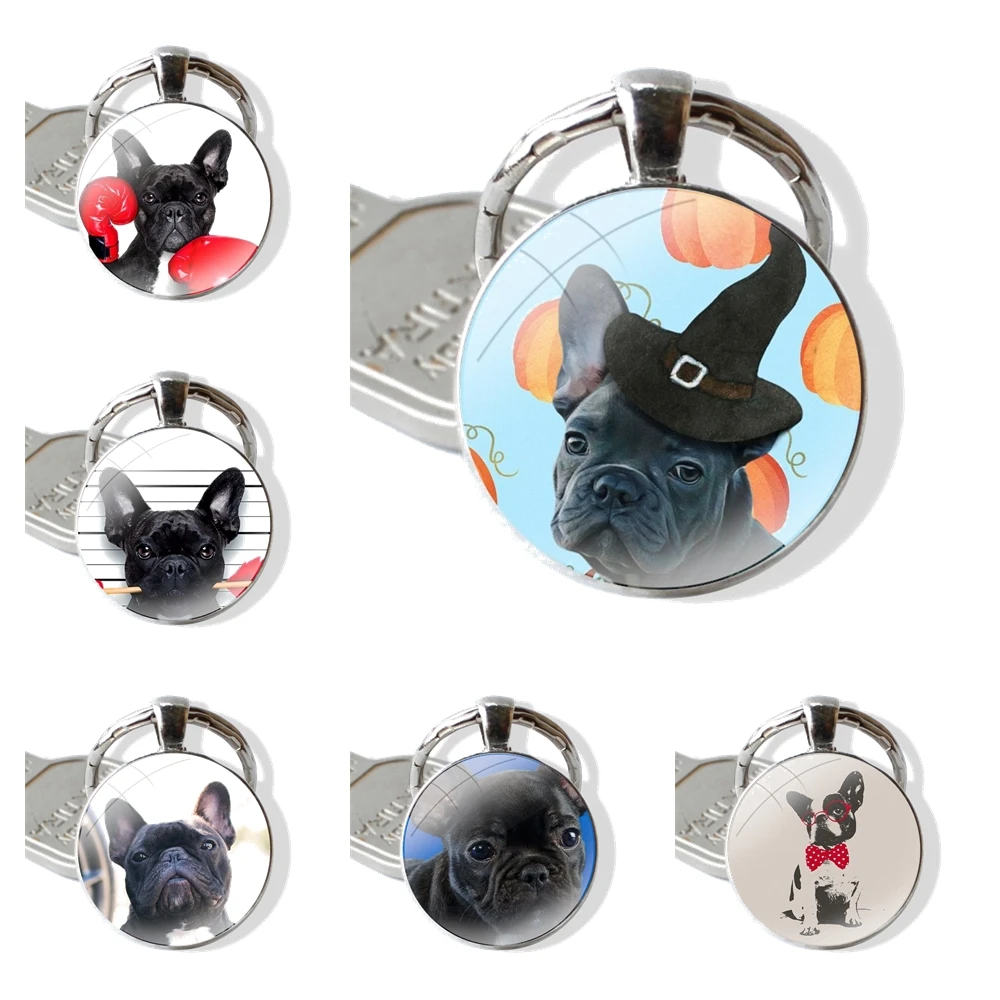 Keychain Handmade Glass Cabochon Key Ring Holder Pendant Key Chains French bulldog dog