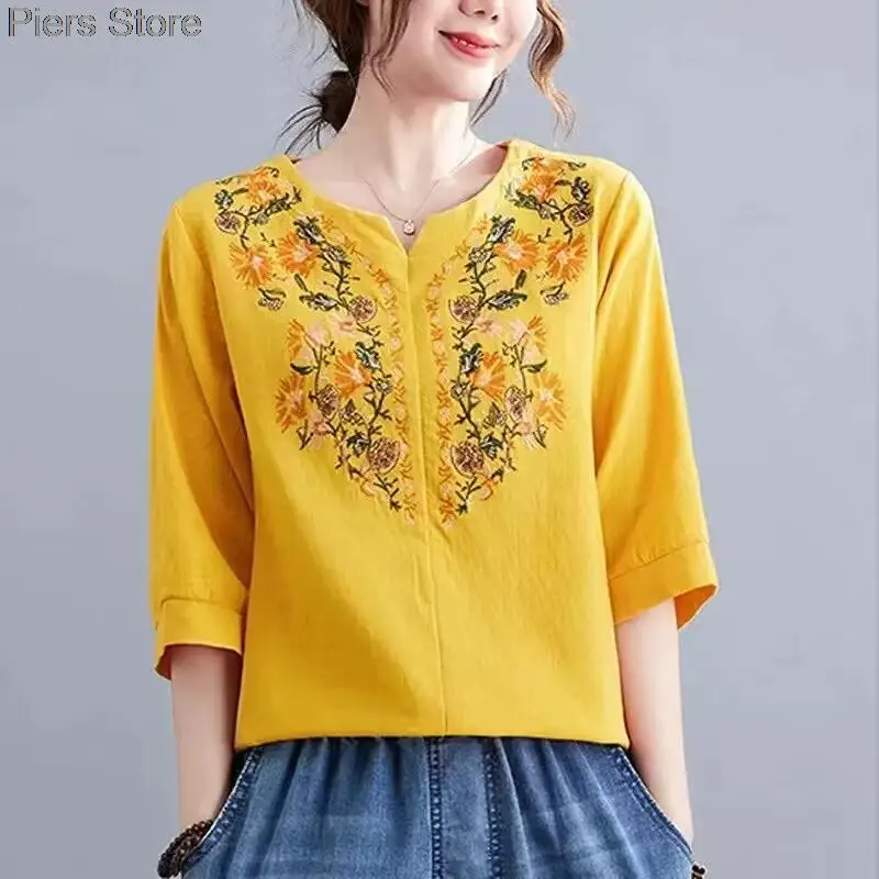 Spring Summer Literary Vintage Embroidery Cotton Blouses Loose Casual All-match Oversized Shirt Elegant Half Sleeve Top Women