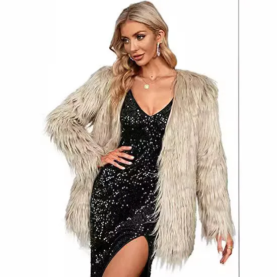 Cappotto di pelliccia artificiale da donna invernale con frange Cappotto di pelliccia di visone di media lunghezza in peluche con scollo a V per giacca di pelliccia ecologica femminile con capelli lunghi dettagliati da donna