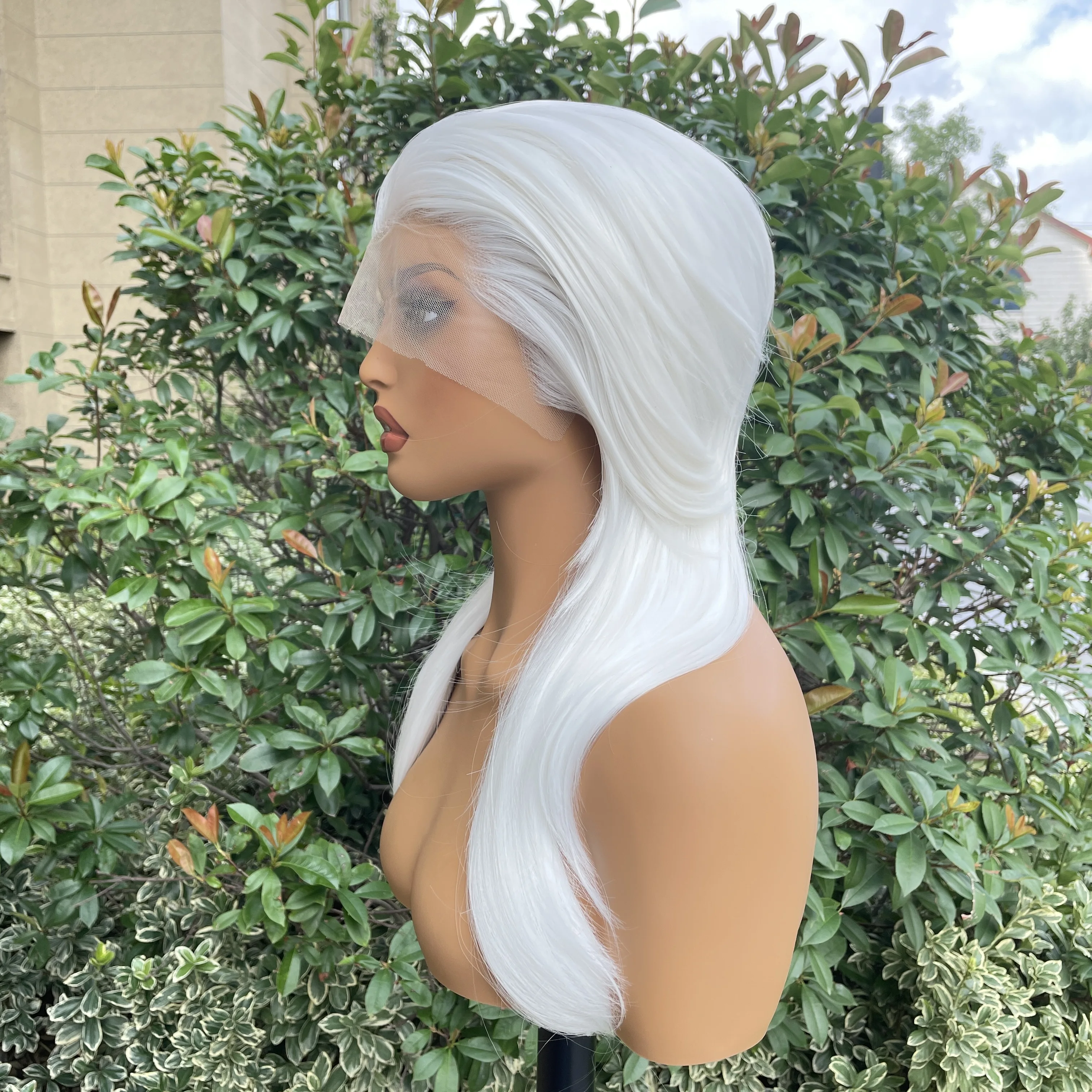 Widow‘s Peak Mullet Shoulder Length White Wig for Woman Layers Ponytails Glueless Wig Synthetic 13x4 Lace Front Wig for Man