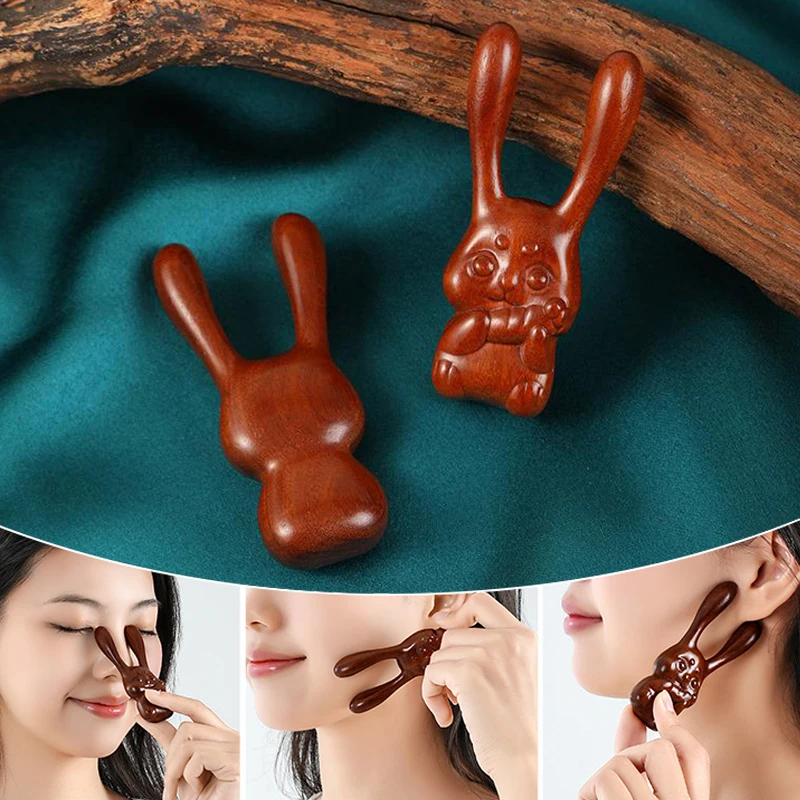 Peine de masaje de sándalo con forma de conejo elfo, herramienta de masaje antiestática para la pérdida de cabello, cabeza, nariz, ojos, hombros, cuello