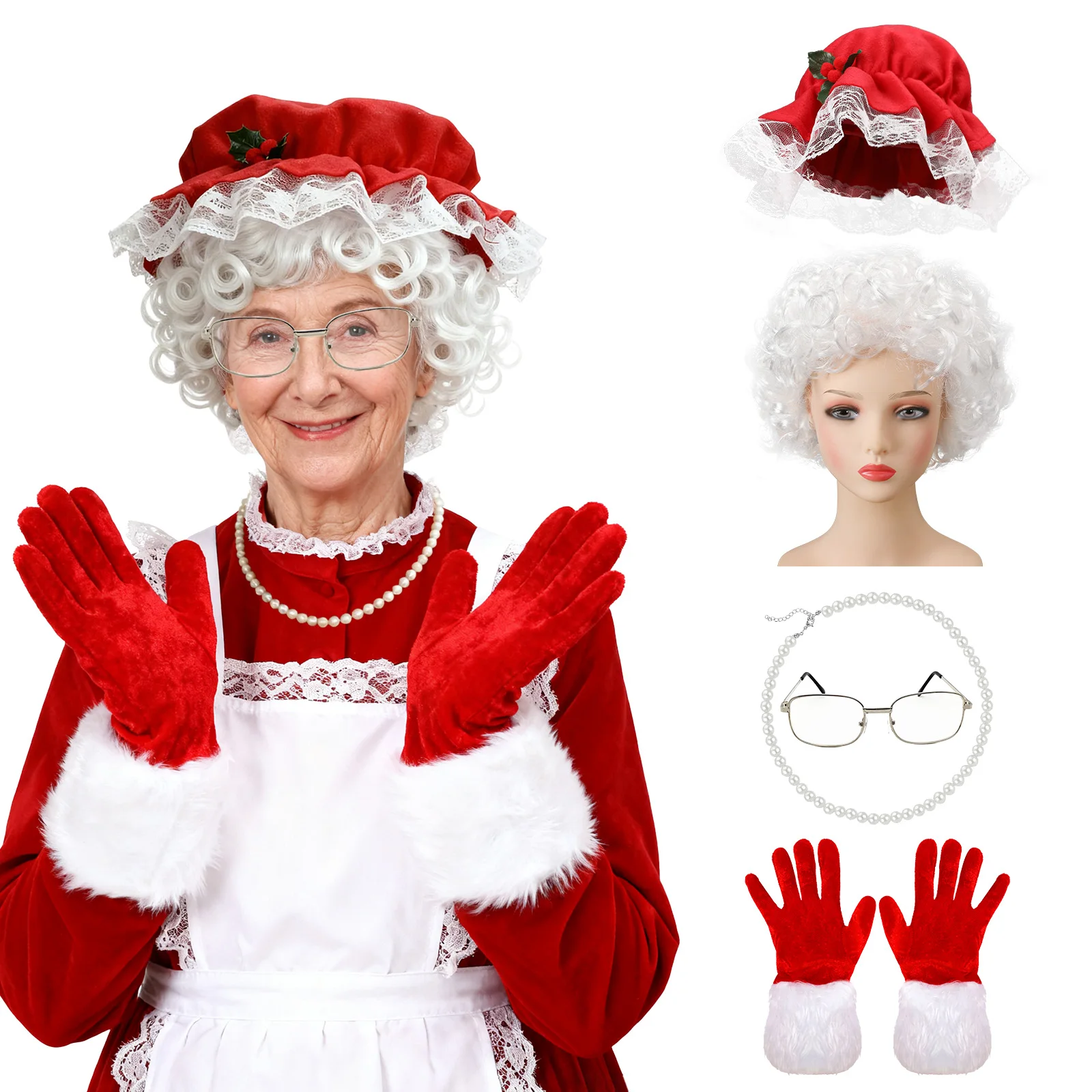 

Шляпа миссис Клаус, парик Санта-Клауса, бабушки, очки, перчатки, ожерелье, рождественская вечеринка, бабушка, горничная, аксессуары для косплея