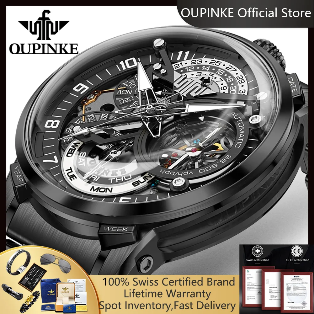 OUPINKE 3278 Automatic Men's Watches Skeleton 316 Stainless Steel 50m Waterproof Italian Designer Collaboration Mechanical Watch