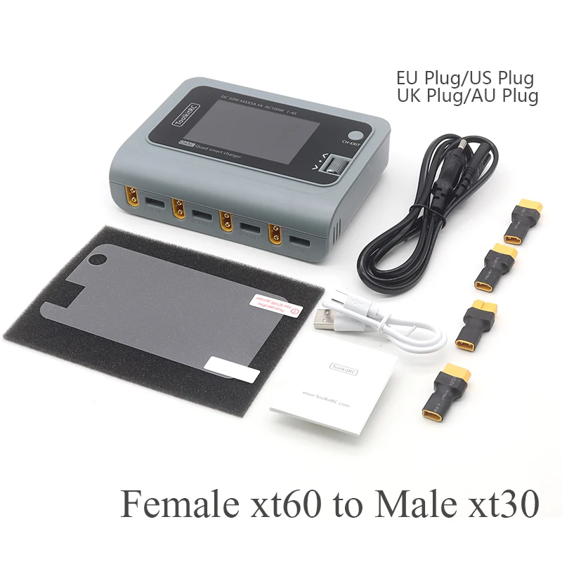 ToolkitRC New Q4AC Grey 4x50W 5A AC 100W 4 Port DC Smart Charger XT60/XT30 Optional for 1-4S Lipo Battery - XT60 XT30 With