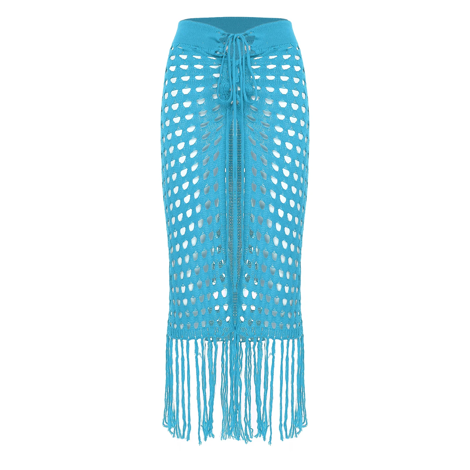 

Women Knitted Beach Skirt Hollow Out Side Slit Lace-up Skirt with Tassel Summer Beach Pools Bikini Cover Up Sun Protection Skirt