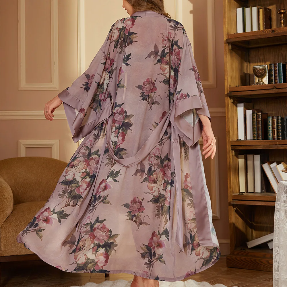 Blumendruck Morgenkleid Lange Kimono Duschroben für Dame Elegante Heimkleidung Lose Peignoir Sexy Nachthemd Nachthemd