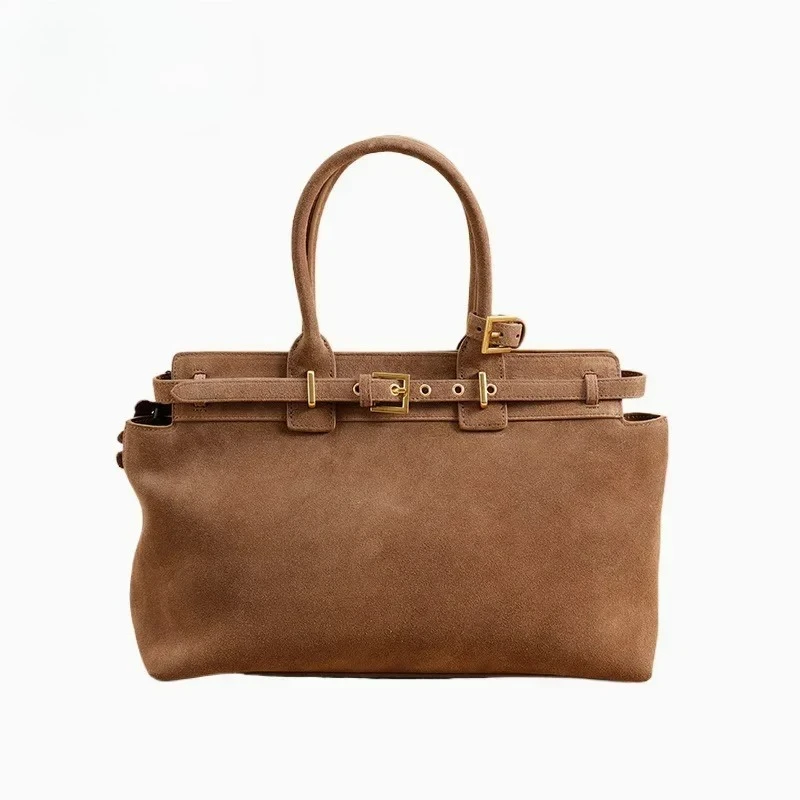 

Winter Matte Coffee Camel Grey Large Tote Russian Style Real Suede Cow Leather Women Handbag Nubuck Commuter Office Shoulder Bag