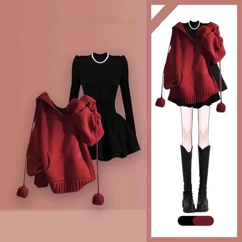 

Зима 2025 г., новый рождественский и новогодний комплект для свиданий, повседневная универсальная пара свитеров + черное утягивающее сексуальное платье, комплект из двух предметов