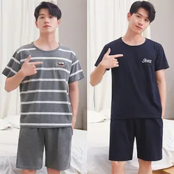 Men Pajamas Sleepwear O-Neck Striped Short Sleeve Shorts Loungewear Easy to Clean School Large Size 3xl Blue Pajamas 2PCS/Set