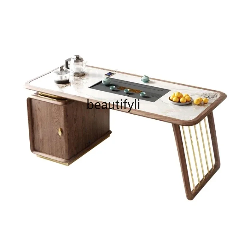 New Chinese Modern Tea Table Light Luxury Rock Board Living Room Home Balcony Tea Making Table Tea Table Solid Wood